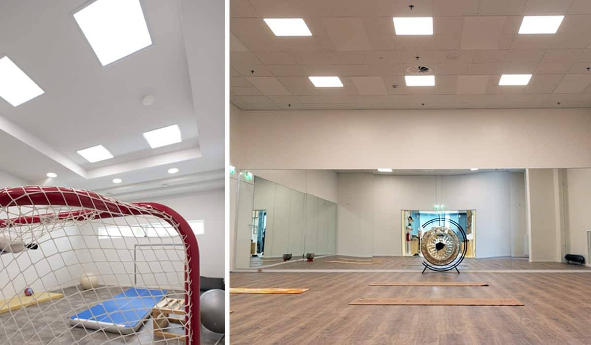 Flera stora LED-paneler i taket i hemvisten och yogasalen.