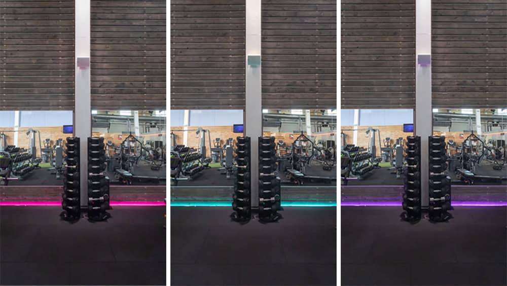 OleFits gymgolv har en RGB+W led-remsa.