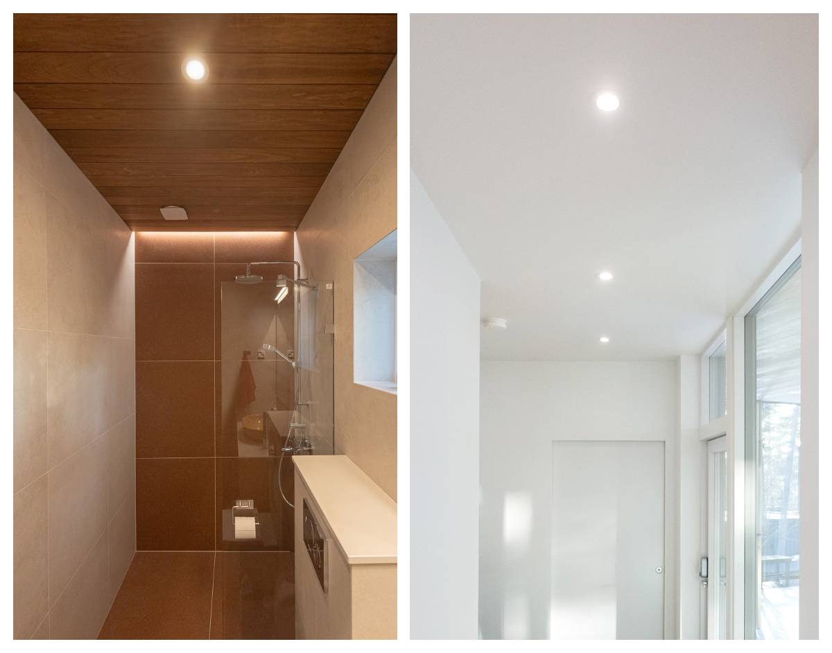Led-spotlights i badrum och hall. Spotlightsen är monterade i rummets mittlinje.