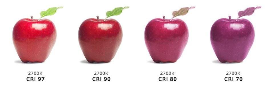 Fyra äpplen i 2700K LED-ljus med CRI-värden på 97, 90, 80 och 70; färgvariationerna framhäver kvaliteten hos LedStore.fi-armaturerna.