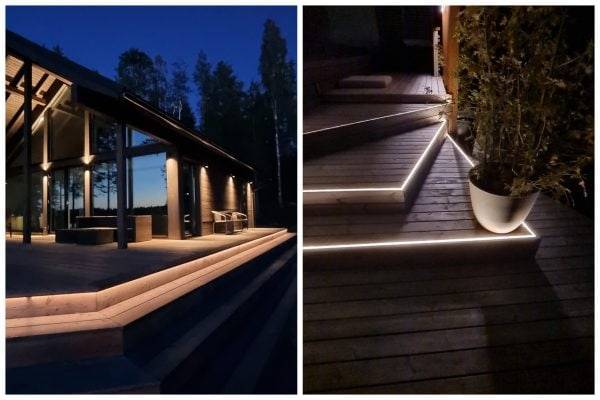 Två bilder. Till vänster: en modern stuga i skymningen, upplyst av indirekta vägglampor. I förgrunden en trappa med ljus från under golvlisten som belyser trappsteget. Vänster: Trappstegens framkant mellan brädorna belyses av en LED-remsa som lyser uppåt.