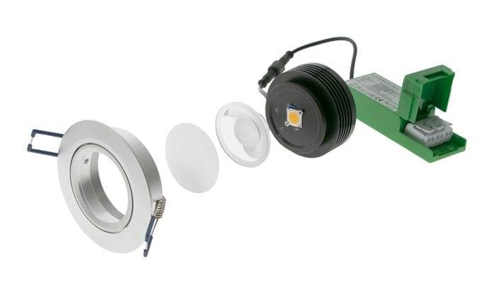 LED downlight sprängskiss: stomme, lins, LED-modul och grön transformator.
