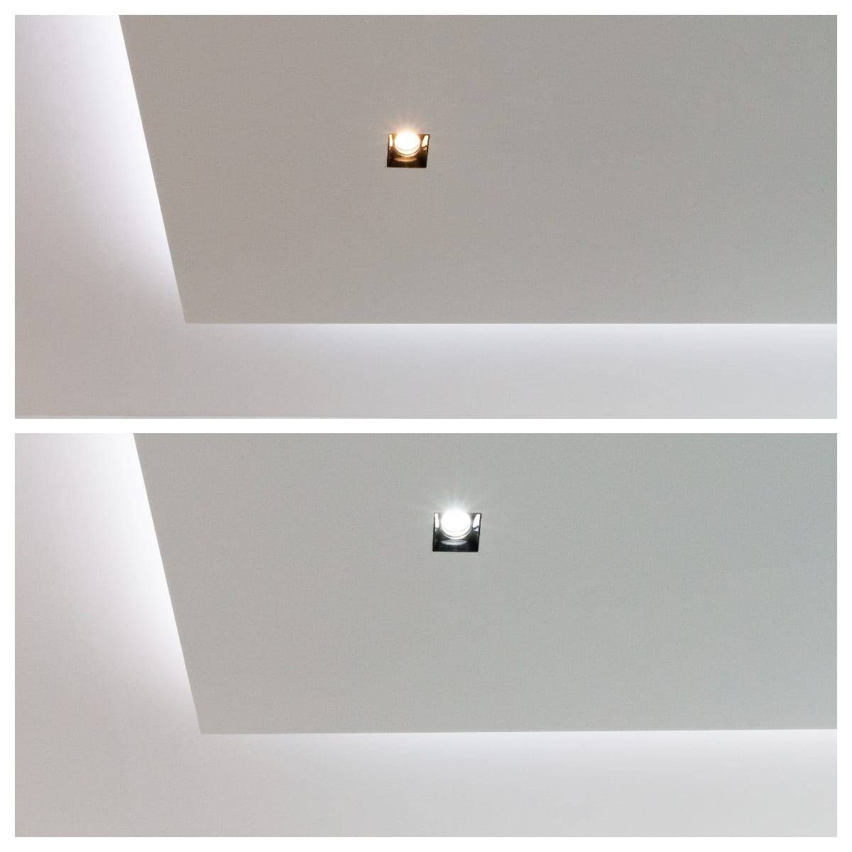 ljusrenovering av gipstaket, Dolda fläckar i det färdiga nedsänkta taket. Ljus nyanser varma upptill och kalla nedtill.