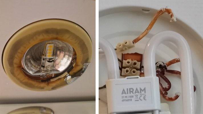 Till vänster ett gulnat och försämrat halogenlamphus, till höger oxiderade plastdelar inuti lampan.