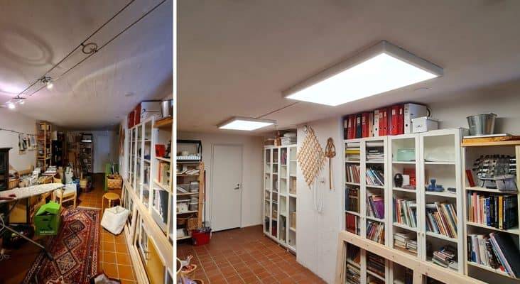 Två bilder: till vänster takstrålkastare på vajer, till höger två stora LED-paneler monterade i taket.