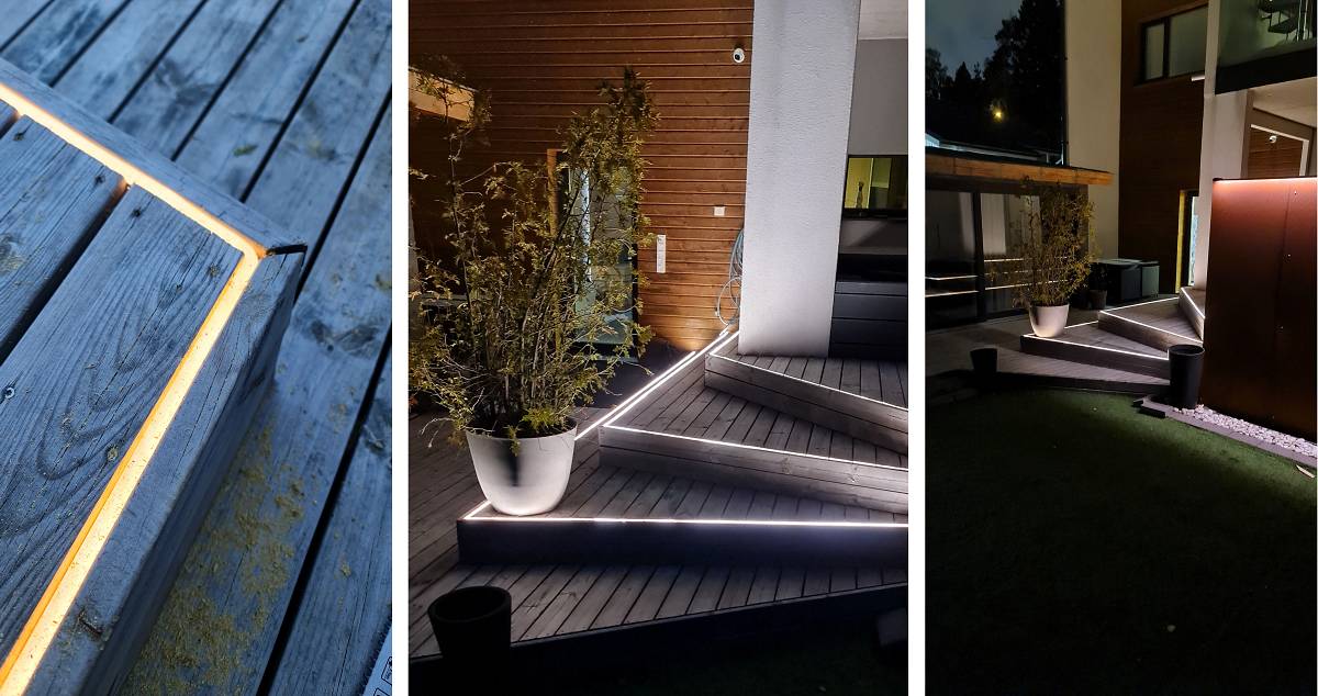 Bild i tre delar av en modern uteplats på kvällen.<br/>I den första bilden: Mjuk LED-belysning från LedStore.fi löper längs kanterna på träterrassen.<br/>I den andra bilden: Integrerad trappbelysning, omgiven av växter.<br/>I den tredje bilden: En vid vy över den upplysta terrassen, som visar upp modern arkitektur.