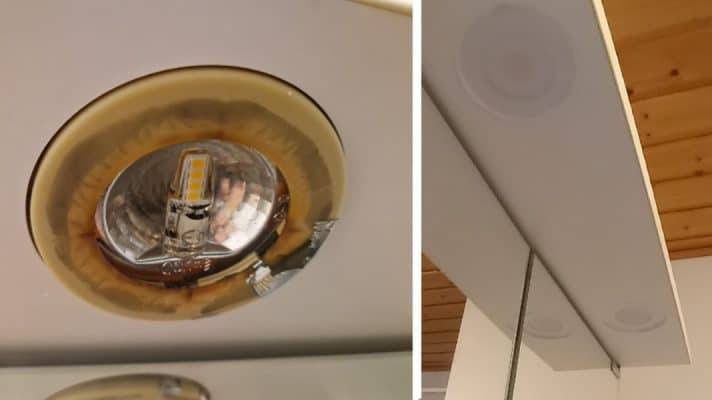 Vänster: En sliten och gammal G4-armaturstomme. Höger: två LUMO led-armaturer infällda.