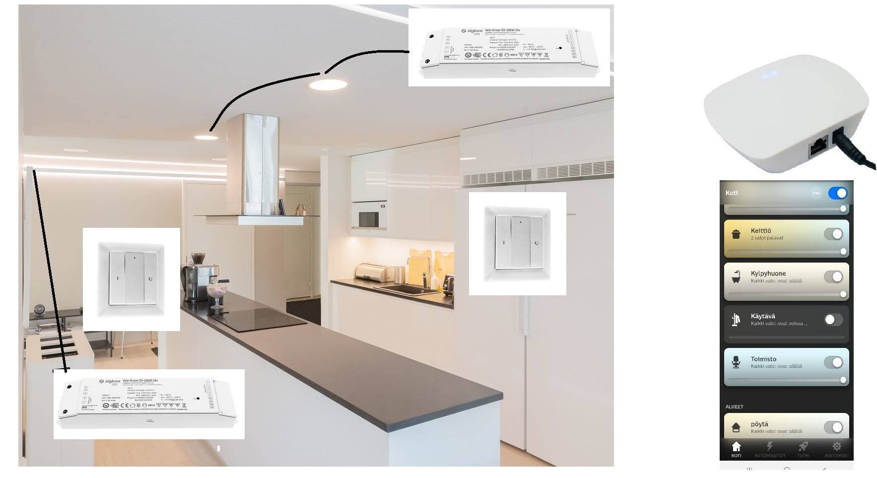 Zigbee-belysningsstyrning del 5 - hur man kopplar upp sig LedStore.fi-verkkokaupassa moderni keittiö saa ilmeensä tyylikkäällä mustalla työtasolla ja valkoisilla kaapistoilla. Älylaitteet integroituvat saumattomasti kodinkoneisiin, kun LED-valaistuksen korostukset luovat miellyttävää tunnelmaa. Oikealla oleva pystypaneeli esittelee digitaaliset säätimet valaistukselle ja muille asetuksille.