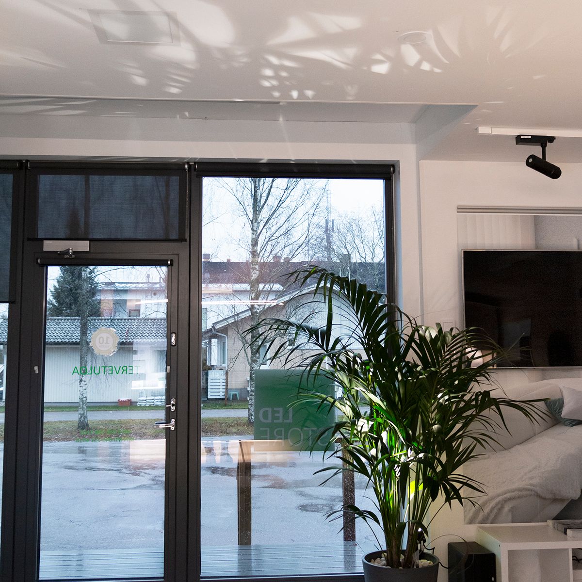Tilt maapik monterad på en inomhusväxt för att framhäva den och skapa stämningsfull belysning i rummet. Ljuset som kommer nerifrån och upp skapar också vackra skuggor i taket. Ledstore.fi